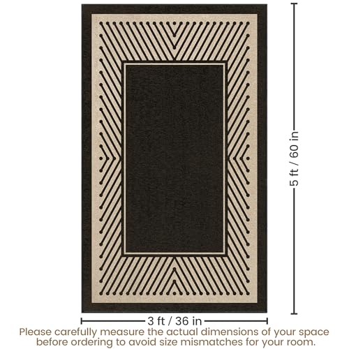 Washable Modern Easy Jute Rug 3x5, Black Outdoor Indoor Patio Striped Neutral Small Bordered Rugs, Woven Non Slip Thin Carpet Mat for Living Bedroom Entryway Front Door Farmhouse Doorway Kids - color: Modern Black, size: 3' x 5'