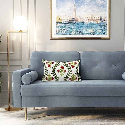 Alysheer Floral Embroidered Summer Lumbar Decorative Throw Pillow Cover 12"x 20", Farmhouse Cottage Red Flowers Green Leaves Patterned Cotton Canvas Cushion Case for Sofa Couch Bed Living Room Decor - color: Red, size: 20" x 12" (Pack of 1)