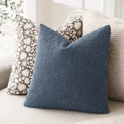 Foindtower Set of 2, Decorative Textured Boucle Throw Pillow Covers Accent Solid Pillow Cases Neutral Couch Cushion Case for Chair Sofa Bedroom Living Room Home Decor 16x16 Inch Dark Blue - color: Blue Ashes, size: 16" x 16" (Pack of 2)