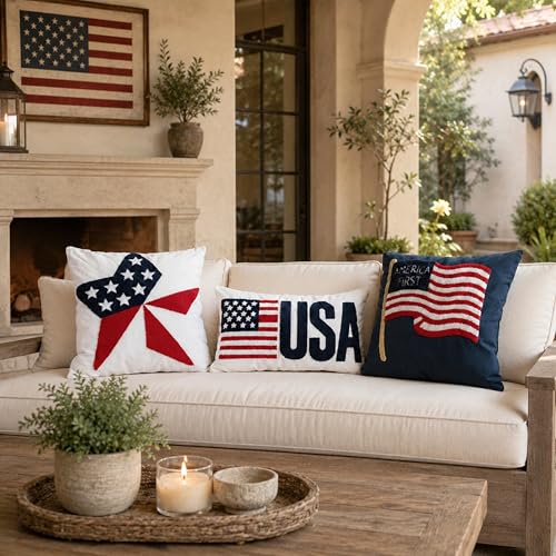 Patriotic America First Throw Pillow Cover, 4th of July Navy Blue 3D Tufted Embroidered Pillowcase, Americana USA Flag Decor for Independence Day, Election Year Party, 18x18 Inch, 1 Piece, Cover Only - color: Waving Flag