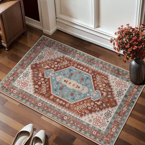 Ciicool Small Area Rug, 2x3ft Boho Rug, Ultra Soft Entry Rugs for Entryway, Non-Slip Washable Rugs Oriental Low-Pile Indoor Mat Floor Carpet for Entrance Bedroom Kitchen Bathroom Foyer Decor - color: Orange/Green, size: 2' X 3' (Rectangular)
