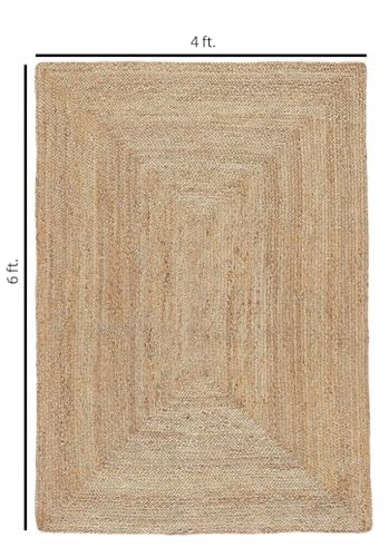 FRELISH DECOR Handwoven Jute Area Rug - 4x6 Feet Natural Yarn - Rustic Vintage Beige Braided Reversible Rectangular Rugs for Bedroom - Kitchen - Living Room - Farmhouse (4' x 6') - color: Natural, size: 4' x 6' (Rectangular)