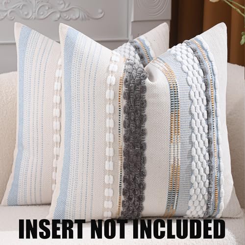 Boho Throw Pillow Covers 18x18 Set of 2 Striped Tufted Decorative Pillow Cases Accent Chenille Pillowcases Farmhouse Cushion Case Home Decor for Sofa Bed Living Room,Grey Blue White - color: Grey Blue White Stripe, size: 18" x 18" (Pack of 2)