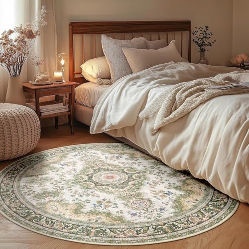Green Round Rug 4ft,Circle Washable Area Rugs for Bedroom Bathroom Entryway,Small Boho Vintage Bohemian Distressed Oriental Floral Carpet Non Slip,Sage Floral - color: Rug11-green, size: 4'x4'