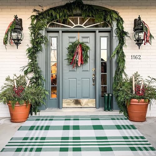 Christmas Plaid Outdoor Rug, 4' x 6' Green&White Checkered Indoor/Outdoor Area Rug, Layering Rug for Hello/Welcome Door Mat, Machine Washable Cotton Woven Rug for Farmhouse Front Porch, Entryway - color: Green & White Plaid X, size: 4' x 6' (Rectangular)