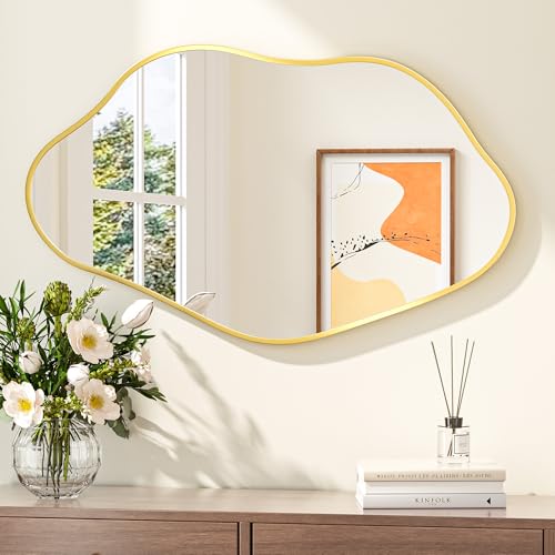 Keonjinn Gold 40" x 24" Inch Irregular Mirrors for Wall, Asymmetrical Wave Metal Frame, Tempered Glass, Decorative Mirror for Bathroom, Bedroom, Living Room, Entryway(Horizontal/Vertical) - color: Gold, size: 24"L x 40"W