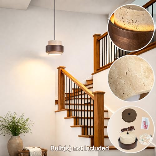 Natural Travertine Pendant Light, Modern Wabi-Sabi Hanging Lamp with Wood Accent, Minimalist Stone Ceiling Light Fixture for Kitchen Island, Dining Room, Cafe, Warm White LED Compatible