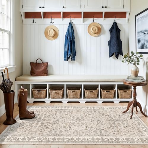 3x6 Kitchen Runner Rug Non Slip Washable - Soft Low Pile Stain-Resistant Wide Carpet Runner for Hallway Entryway Bedroom Bathroom with Rubber Backing - Boho Floral Door Mat(Beige,3x6) - color: Beige, size: 3' x 6' (Rectangular)