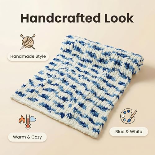 Amélie Home Chunky Knit Throw Blanket for Couch, Soft Chenille Handmade Crochet Throw Rope Knot Blanket for Couch, 50"x60", Space-Dyed Blue Striped - color: Blue/White Stripe, size: 50"x60"