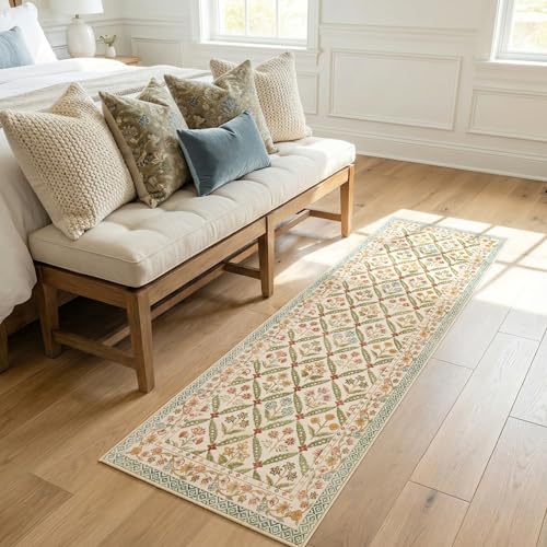 jinchan Haden Runner Rug 2x6 Vintage Floral Washable Hallway Rug for Entrance Kitchen Soft Non-Slip Low Pile Bedside Laundry Room Cottage Warm Indoor Decor Teal Blue - color: Teal Blue, size: 2' x 6' (Runner)