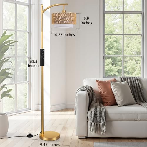 Ambimall Arc Floor Lamp for Living Room with Remote, Color Temperature & Brightness Adjustable, Boho Standing Lamp with Rattan & Fabric Double Drum Shades, Bulb Included(Gold) - color: Gold Rustic