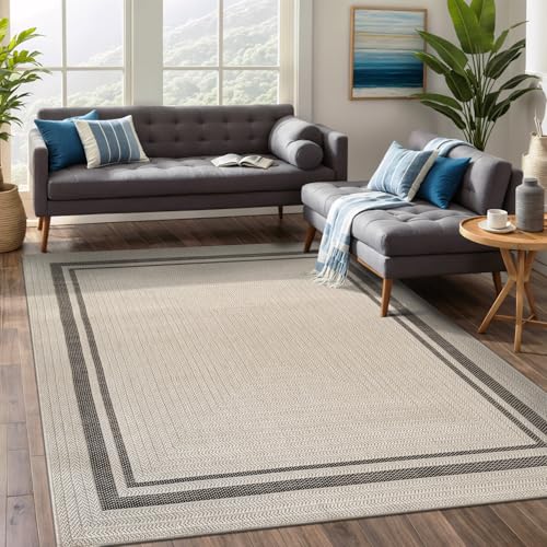 Beverly Rug Easy Jute Bordered Rug 8x10 Washable Durable Indoor Outdoor Area Rugs for Living Dining Room Patio Office Stain Resistant Non Shedding Casual Indoor Outside Carpet 8 x 10 Off-White - color: Bordered/Off-white-black, size: 8' x 10' (Rectangular