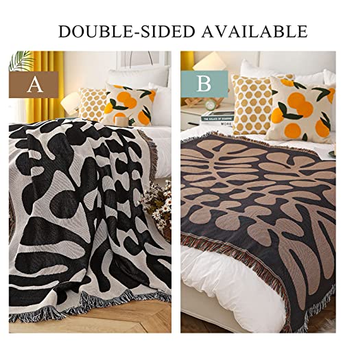 LumiSyne Double-Sided Cotton Woven Throw Blanket with Tassel Jungle Bohemian Style Tapestry Shawl Multi-Function Decorative Throws for Sofa Bed Armchair Camping Blanket Tablecloth Carpet 160x130cm - color: Vintage Leaves