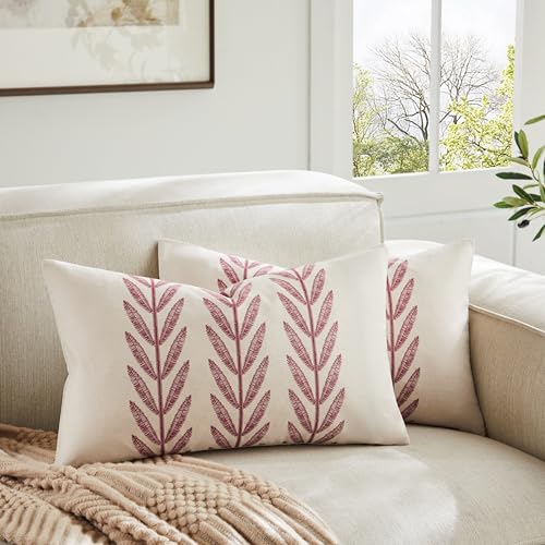 100% Cotton Farmhouse Leaves Lumbar Throw Pillow Covers Set of 2, 12x20 Inch Burgundy Pastoral Decorative Print Cushion Covers for Sofa Bed Living Room Home Decor - color: Burgundy, size: 20" x 12" (Pack of 2)