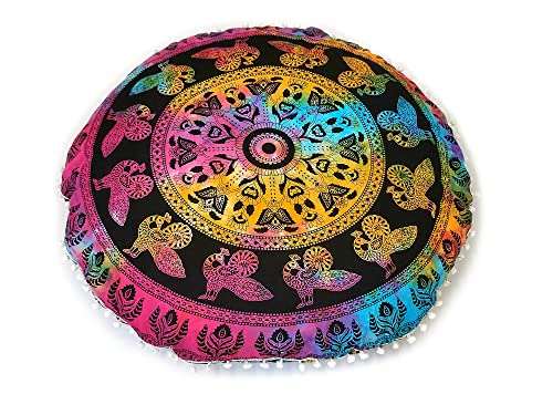 CRAFT KALA Large Hippie Floor Pillow Cover Mandala Meditation Cushion Case Pouf Cover Round Poufs Cover Bohemian Floor Cushion Cover Outdoor Fireplace Yoga Living Room Decor 32" Multi-Color Peacock - color: Multi-color Peacock