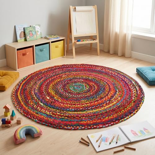 GRUHUM Round Jute Cotton Area Rug 7ft Handwoven Natural Fiber Multicolour Farmhouse Cotton Area Rug Soft Braided Rustic Vintage -Indoor EcoFriendly Kitchen Bedroom Living Hallways Enterways 7'ft Round - color: Multi Color- 27, size: 7' (Round)