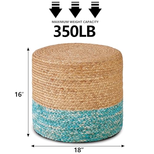 Wimarsbon 2Pcs Pouf Ottomans, Natural Seagrass Foot Stool, Hand Weaving Round Ottoman, Boho Decorative Seat, Jute Braided Pouffe Poof Accent Sitting Footrest for Living Room (18inch 68LK) - color: 18inch Water Hyacinth Braid & Teal Corn Shell