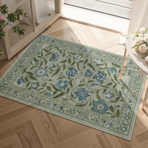 Collive Washable Entryway Rugs, Green 2 x 3 Spring Floral Rug Modern Soft Kitchen Carpet Non Slip, Vintage Bathroom Mats Stain Resistant Inside Front Door Mat for Entrance, Bedroom - color: Green, size: 2' x 3'