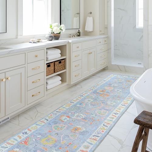 Fame Rugs Blue Modern Oushak Rug 2'6"x10, Vintage Turkish Colorful Oriental Antique Inspired Foldable Long Washable Runner Rugs, Luxury Living Room Bedroom (381LB, 2'6" x 10') - color: 381lb, size: 2'6" x 10' (Runner)