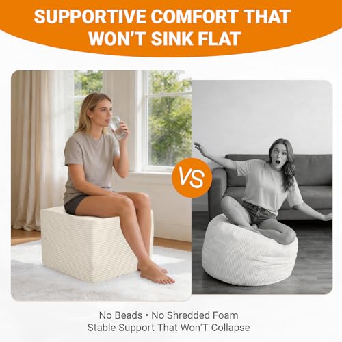 Stuffed Square Pouf Ottoman, 19.69 * 19.69 * 14.76 Inch Foot Rest with Odorless Solid Foam Core, Supportive Footstool with Removable Corduroy Cover for Living Room, Beige - color: Beige-small