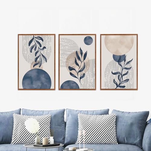 KAIRNE Boho Plant Wall Art Set of 3,Blue Bohemain Framed Canvas,Abstract Geometric Line Wall Painting,Modern Nature Prints,Botanical and Moon Wall Art for Living Room Bedroom Office - 3Pieces,16”X24” - color: Blue and White Wall Art, size: 16"Lx24"W