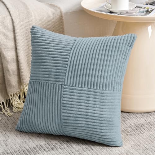 Fancy Homi Set of 2 Light Blue Samll Decorative Throw Pillow Covers 12x12 Inch with for Couch Bed Sofa Living Room, Soft Cross Patchwork Striped Corduroy Coastal Blue Square Cushion Case 30 cm - color: Light Blue, size: 12" x 12" (Pack of 2)