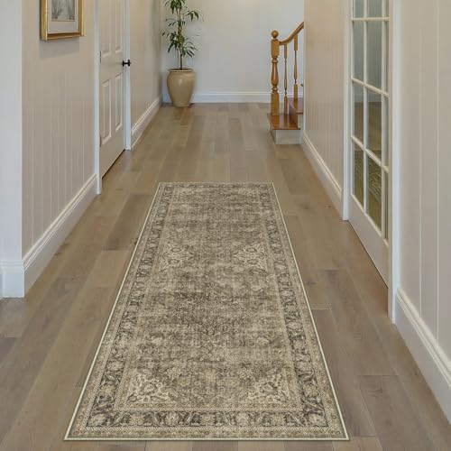 2x6 Washable Runner Rug Brown Vintage Non Slip Soft Low Pile Hallway Kitchen Rug Distressed Oriental Carpet for Laundry Bathroom Bedroom Living Room Home Decor - color: Brown/Black, size: 2' x 6' (Runner)