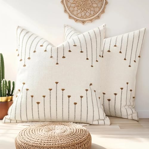 ZONYO Throw Pillow Covers 18x18 Set of 2, Textured Woven Cotton Decorative Cushion Covers with Fringe Tassel, Fade Resistant Washable for Couch Sofa Bed Patio, Boho Farmhouse Modern Decor, Brown - color: Brown, size: 18" x 18" (Pack of 2)