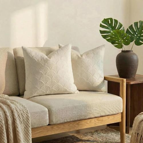 Mantle & Mason Modern Scandi Cushion Covers Leaf Pattern Throw Pillow Covers 20x20 inch Set of 2 Soft Velvet Embossing Decorative Pillow Covers for Couch Sofa Bed Chair Living Room Home Decor Beige - color: Leaf Beige, size: 20" x 20" (Pack of 2)