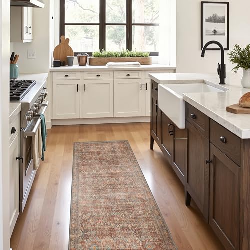Bavni 2x5 Runners Machine Washable Boho Rug Runners for Hallway,Ultra-Thin Low Pile Rug,Lightweight Carpet,Non Slip Floral Runners for Enrtyway, Corridor, Home Office, Kitchen,Terracotta/Indigo - color: Terracotta/Indigo, size: 2' x 5' (Rectangular)
