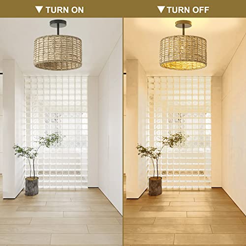 13"Rattan Ceiling Light Fixture Flush Mount, 2-Light Boho Rattan Hand-Woven Ceiling Light Fixtures Drum Wicker Chandelier Light Fixture for Dining Room Bedroom Living Room Hallway Foyer Kitchen - color: 13”Brown