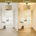 13"Rattan Ceiling Light Fixture Flush Mount, 2-Light Boho Rattan Hand-Woven Ceiling Light Fixtures Drum Wicker Chandelier Light Fixture for Dining Room Bedroom Living Room Hallway Foyer Kitchen - color: 13”Brown