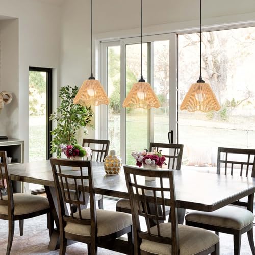 Boho Battery Operated Pendant Lights,Rechargeable Pendant Light with Remote,Rattan Pendant Light Fixtures for Kitchen Island,Boho Hanging Lights for Dining Room Bedroom Hallway Entryway(2 Pack) - size: 9.05 in