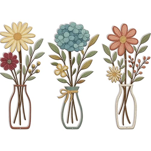 3 Piece Metal Flower Wall Art for Bedroom Living Room Rustic Farmhouse Floral Wall Decor for Bathroom Dining Room Boho Home Decorations Modern Minimalism Walls Hanging Sculptures(Yellow Blue) - color: Yellow Blue & Vase Flower