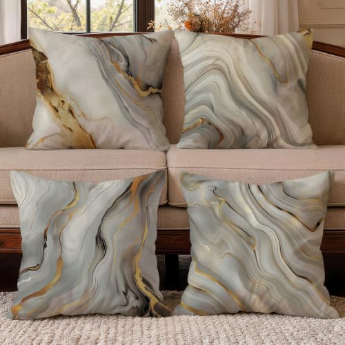 OBSEDE Grey Gold Marble Throw Pillow Covers 18x18 Set of 4, Farmhouse Decor for Home Couch Sofa Living Room, Rustic Floral Decorative Cushion Cases - color: Grey Gold Marble