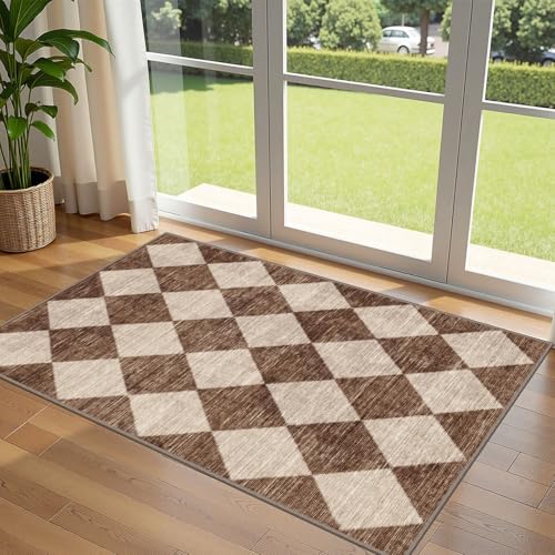 Brown Beige Checkered Entry Rug - 3x5 Non-Slip Washable Indoor Outdoor Front Door Mat Porch Rug Farmhouse Diamond Throw Carpet for Living Room Bedroom Entryway Kitchen Office Fall Porch Decor - color: Diamond - Brown Beige, size: 3' x 5' (Rectangular)