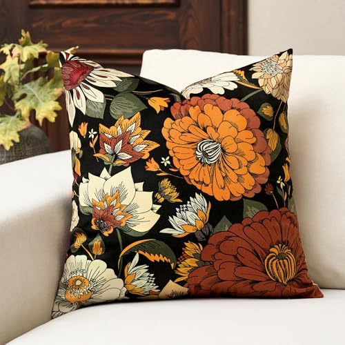 Tyrot Black Boho Floral Velvet Throw Pillow Covers 18x18 Inch Set of 2 Farmhouse Vintage Cushion Covers Mid Century Modern Botanical Home Decor Pillow Cases for Couch Bed Sofa Living Room, Bedroom - color: Warm Ember, size: 18" x 18" (Pack of 2)