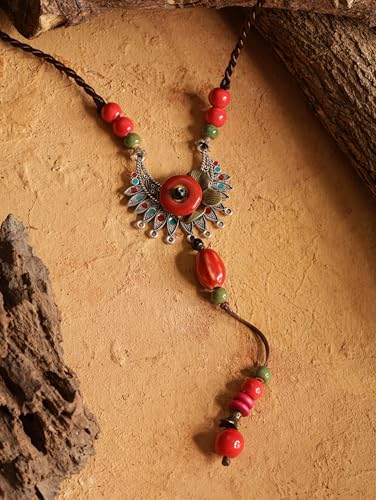 MINACHI Vintage Bohemian Colorful Ceramic Bead Antique Flower Y Necklace, Vintage Boho Hippie Statement Jewelry Gift for Women - color: S02B