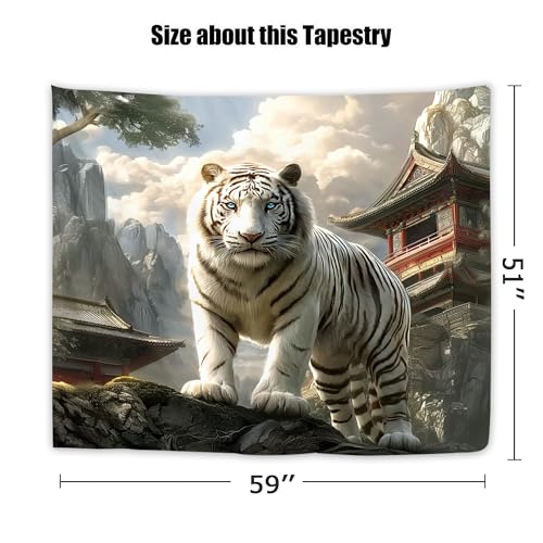 Yookeb White Tiger Animal Tapestry 59W by 51H Inch Wall Hanging Cool Majestic Wildlife Man Bedroom Living Room Dorm Polyester Fabric Home Decor - color: White Tiger, size: 59"L x 51"W
