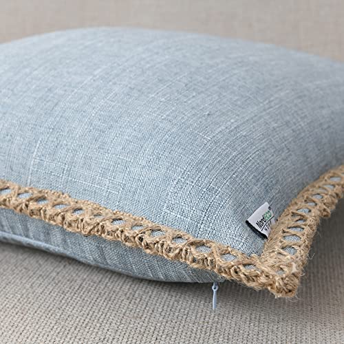Set of 2 Farmhouse Throw Pillow Covers - Burlap Linen Trimmed Tailored Edges Decorative Cushion Covers for Bed Home Outdoor Decoration, 22" x22", Blue - color: Light Blue, size: 22" x 22" (Pack of 2)