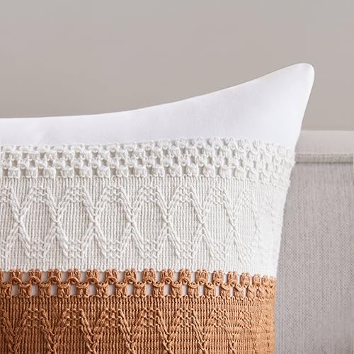 Soft Cotton Boho Throw Pillow Covers Set of 2, Natural White/Contrast Caramel 16x16 Inch, Caramel Farmhouse Decorative Cushion Covers for Sofa Bed Living Room Home Decor - color: Natural White/Contrast/Caramel, size: 16" x 16" (Pack of 2)