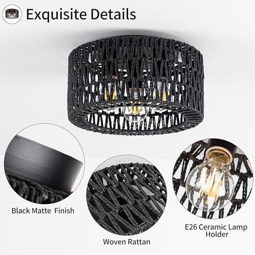 Rattan Ceiling Light Fixture, 3-Light Bohemian Modern Woven Ceiling Light, Black Boho Flush Mount Ceiling Light for Bedroom Living Room Dining Room, Bulb Not Included - color: Black, size: 3-Light-Round