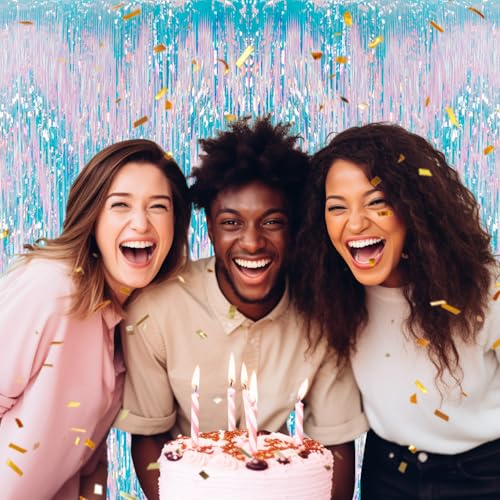 DECOCKRAT 3 Pack Foil Fringe Backdrop - Iridescent Shiny Tinsel Curtains for Party Decoration/Photo Booth Props - 3.3x8.2 FT Metallic Foil Backdrop for Birthday, Wedding, Graduation, Christmas. - color: Iridescent