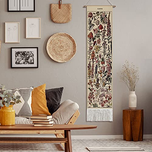 Tegeme Vintage Tapestry 52 x 13 Inch, Long Vertical Wall Hanging Reference Illustrative Botanical Tassel Tapestry for Bedroom Living Room Home Decoration(Flower)