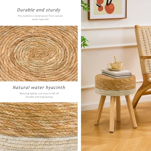 Handwoven Outdoor Ottoman, Water Hyacinth Pouf Round Patio Footstool with Wood Legs, 17-Inch Multipurpose Vanity Stool, Dining Chair, Patio Footrest for Balcony and Garden, White - color: White, size: 13"D x 13"W x 16.9"H