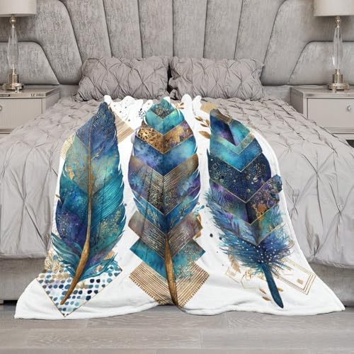 Blanket Bohemian Feather Leaf Throw Blanket for Women Men, 30"x40" Vintage Gold Geometry Plush Flannel Throws, Decor for Bed Couch Bedroom - color: Bohemian Feather Leaf, size: 30"x40"
