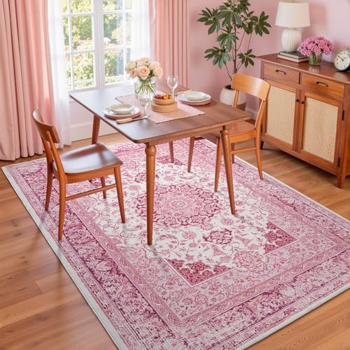 Macgace 5x7 Bright Pink Area Rug for Living Room, Machine Washable Rugs with Non-Slip Backing for Girls Bedroom, Cute Vintage Carpet for Kitchen Laundry Kids Room - color: Pink & White, size: 5' x 7' (Rectangular)