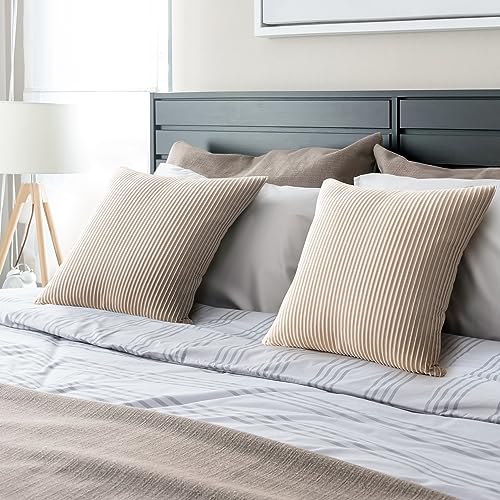 YCOLL Beige Pillow Covers 22x22 Set of 2 Velvet Striped Pattern - Soft Throw Pillows for Home Decor, Luxury Decorative Pillow Covers for Couch, Bed,Living Room - color: Beige, size: 22" x 22" (Pack of 2)
