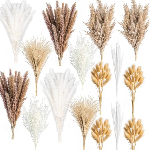 300PCS Natural Dried Pampas Grass Boho Home Decor Bouquet Phragmites Dried Flowers Bouquet for Wedding Floral Arrangements Home Decorations (300PCS) - size: 300 Pcs
