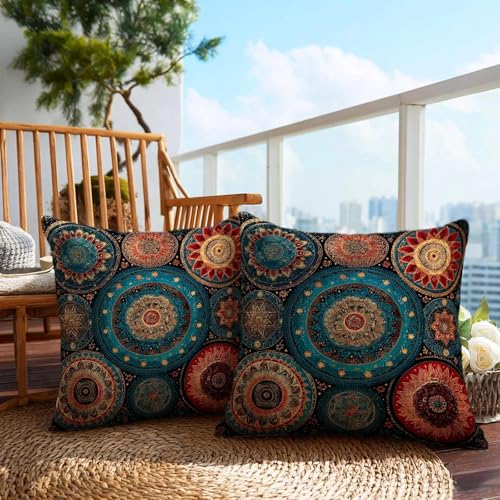 Firmiso Boho Mandala Throw Pillow Covers 18x18 Set of 2｜Decorative Cushion Covers for Couch Sofa Bed｜Teal Orange Medallion Pillow Cases｜Moroccan Bohemian Home Decor - color: Boho Mandala